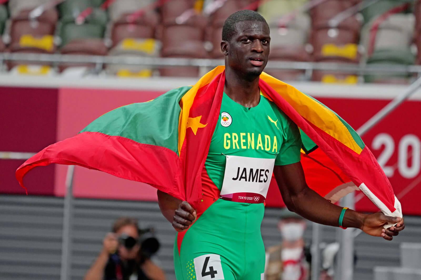 Grenada's Kirani James celebrates winning the bronze medal in the men's 400m final during the Tokyo 2020 Olympic Summer Games at Olympic Stadium on Thursday, Aug. 5, 2021 in Tokyo, Japan. Mandatory Credit: Kirby Lee-USA TODAY Sports Caribbeanlifenews.com